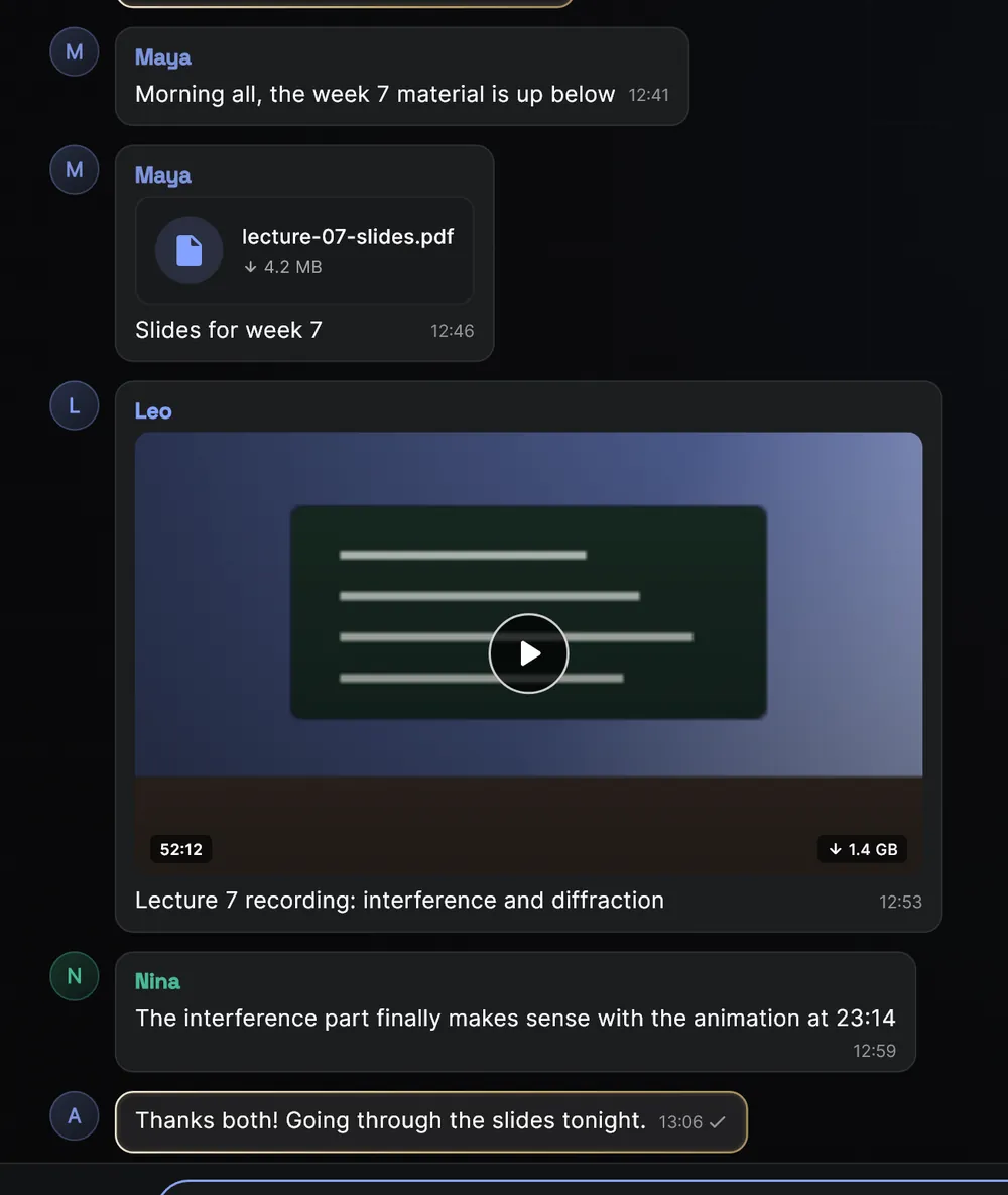 An open group chat in Supergram: a lecture PDF, a 1.4 GB lecture video and replies from classmates.