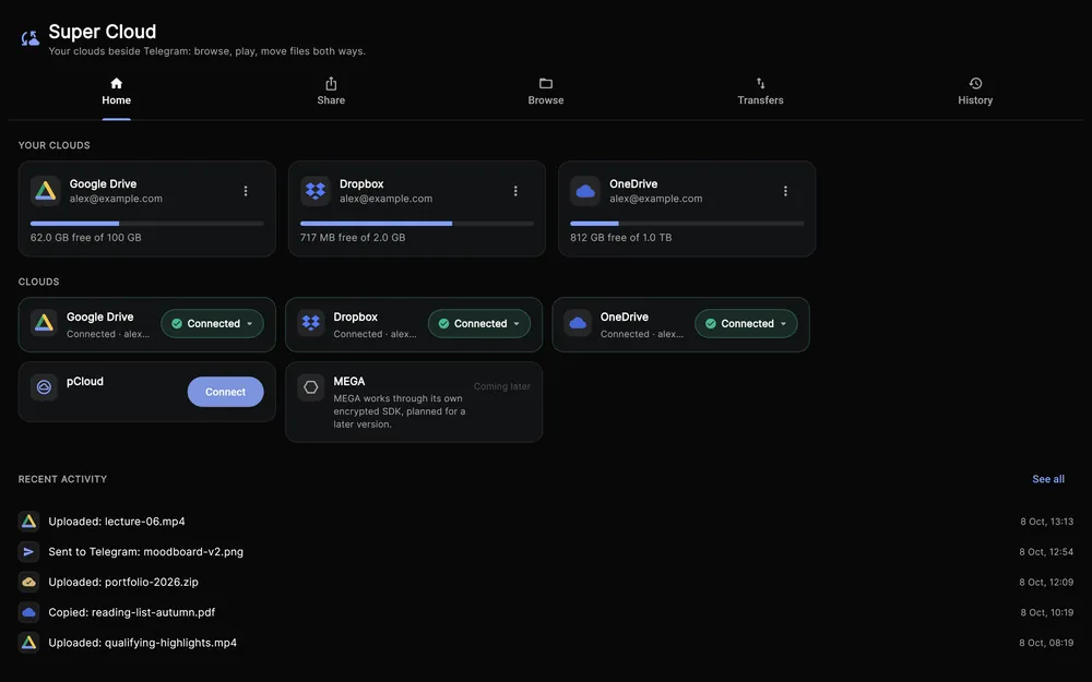 Super Cloud in Supergram: connected cloud drives listed under Your clouds, with recent transfers between Telegram and the drives.